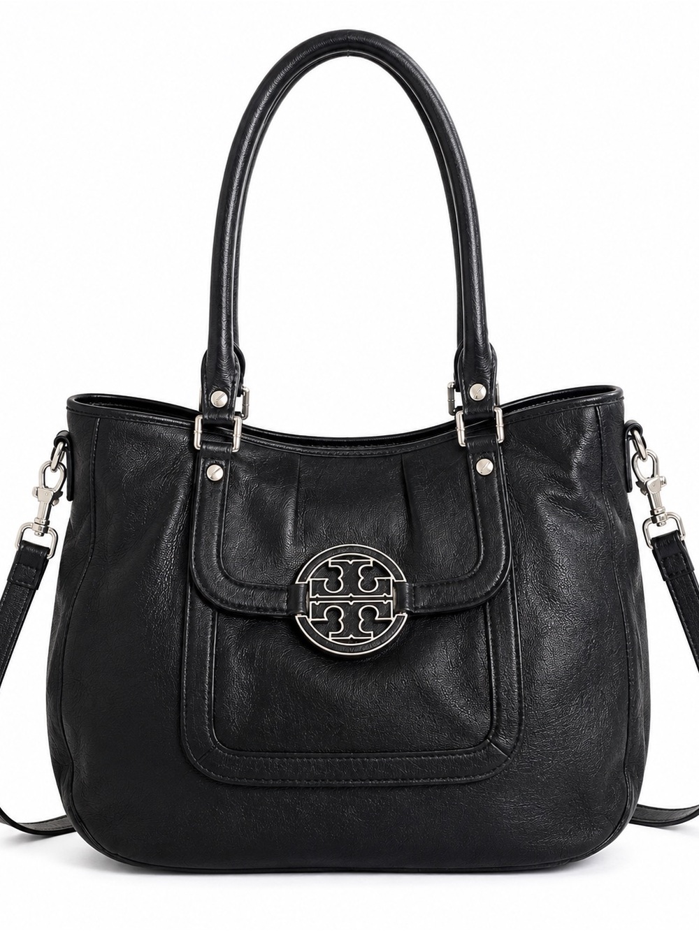 Tory Burch Amanda Black Leather Logo Medallion Tote Crossbody Shoulder Bag - Picture 2 of 13